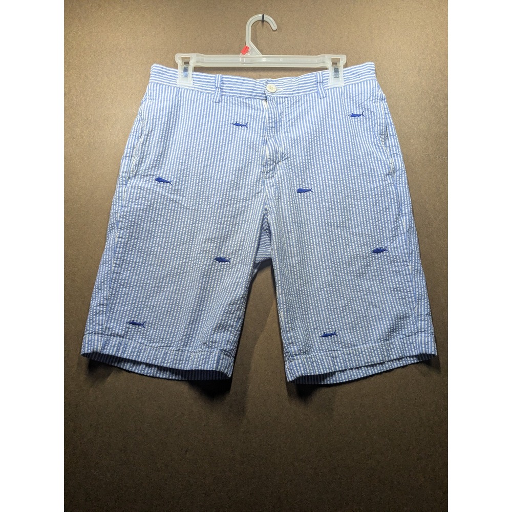 Vineyard Vines Mens 32 Seersucker Shorts Blue White Stripe Marlin Fish